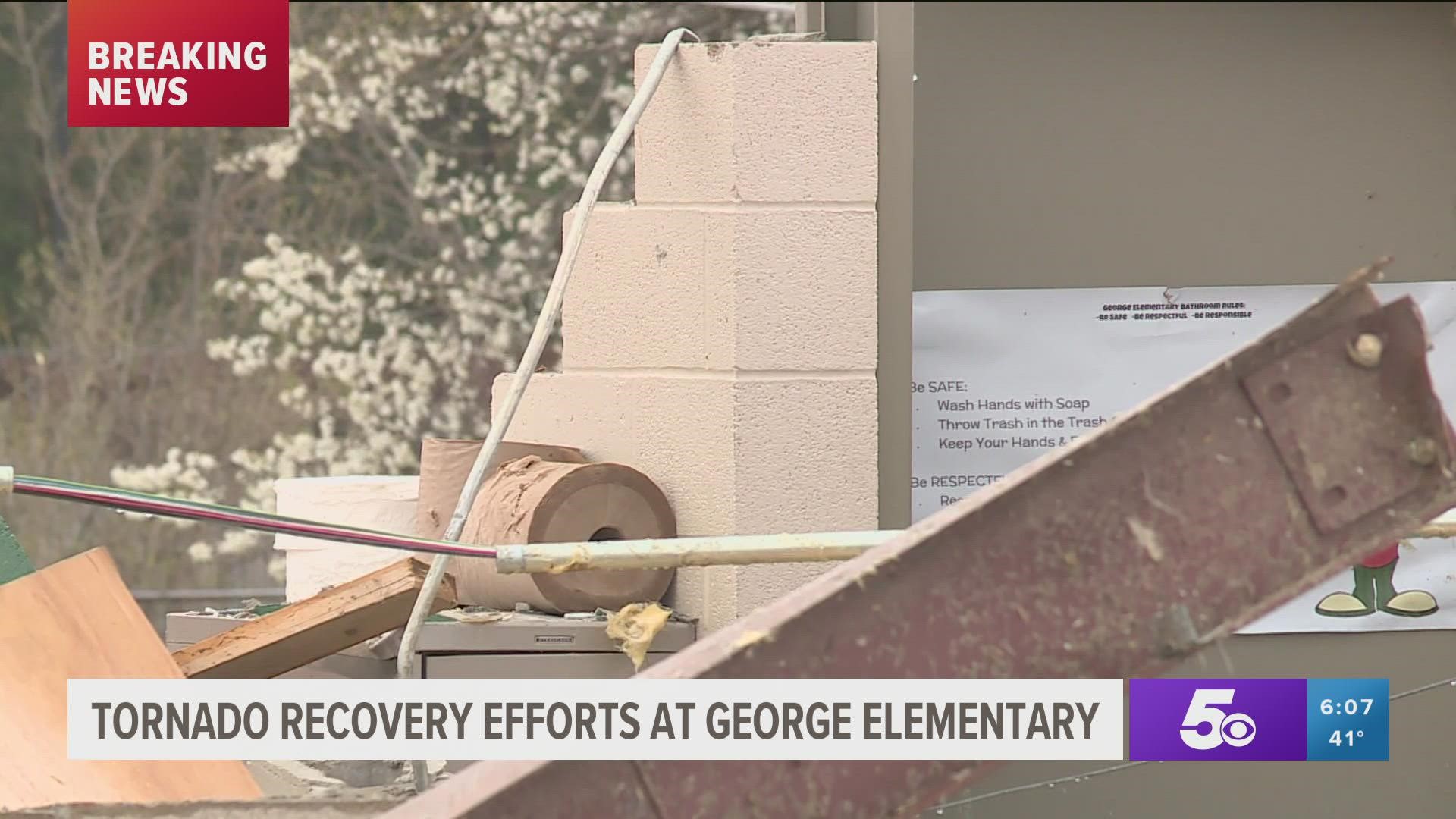 Students and teachers at George Elementary in Springdale, Ark., are back in class just one day after their school was hit by an EF-3 tornado.