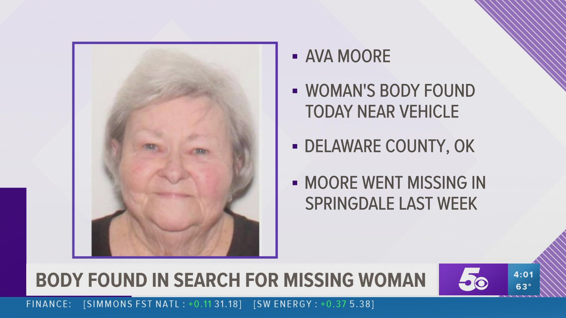 Update: Police have located a body near Ava Moore's vehicle, which was recovered in Oklahoma. Police have not identified the body as belonging to Moore.