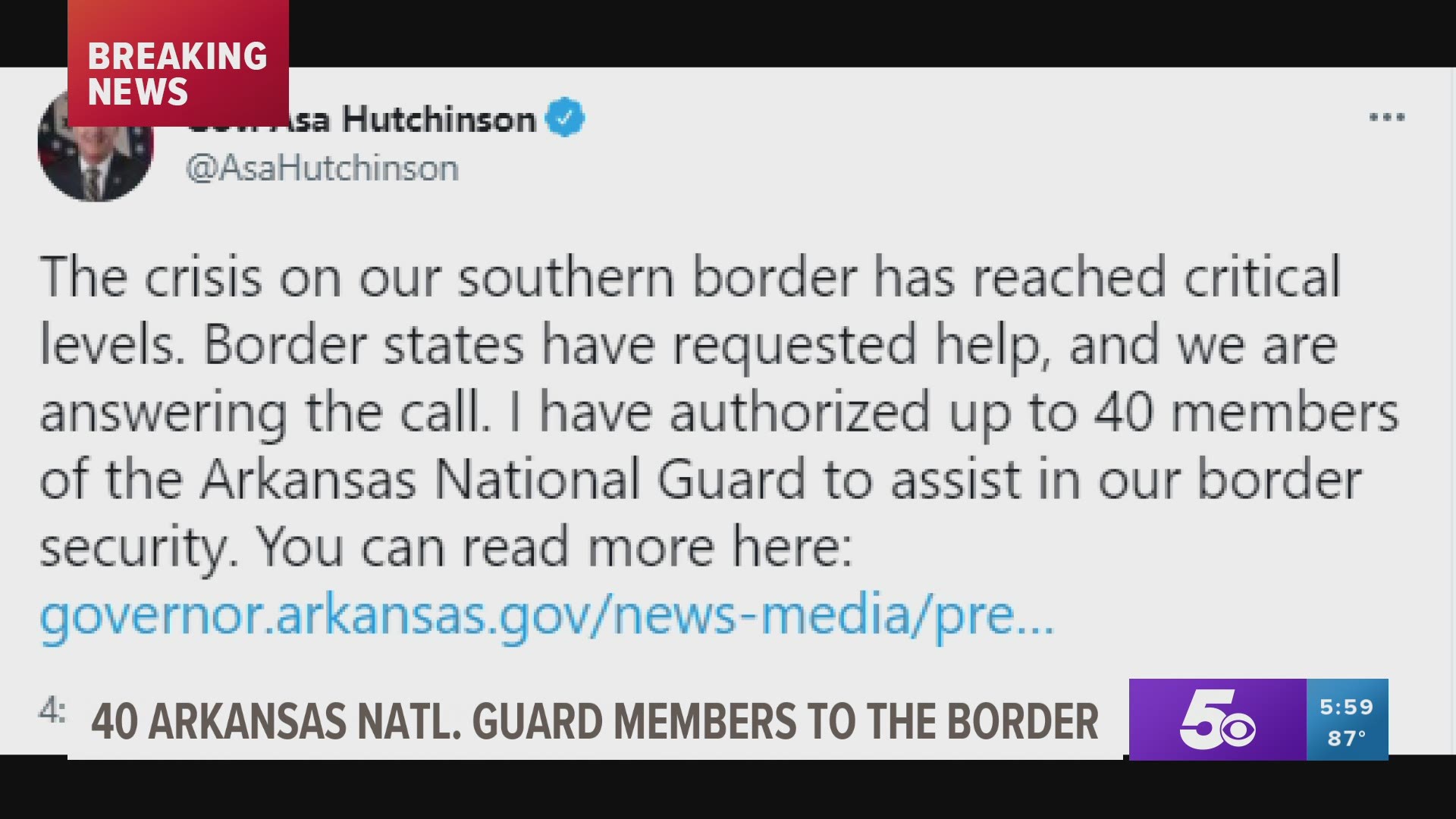 Gov. Asa Hutchinson authorized 40 Arkansas National Guard members to deploy to the US southern border at the request of Texas.