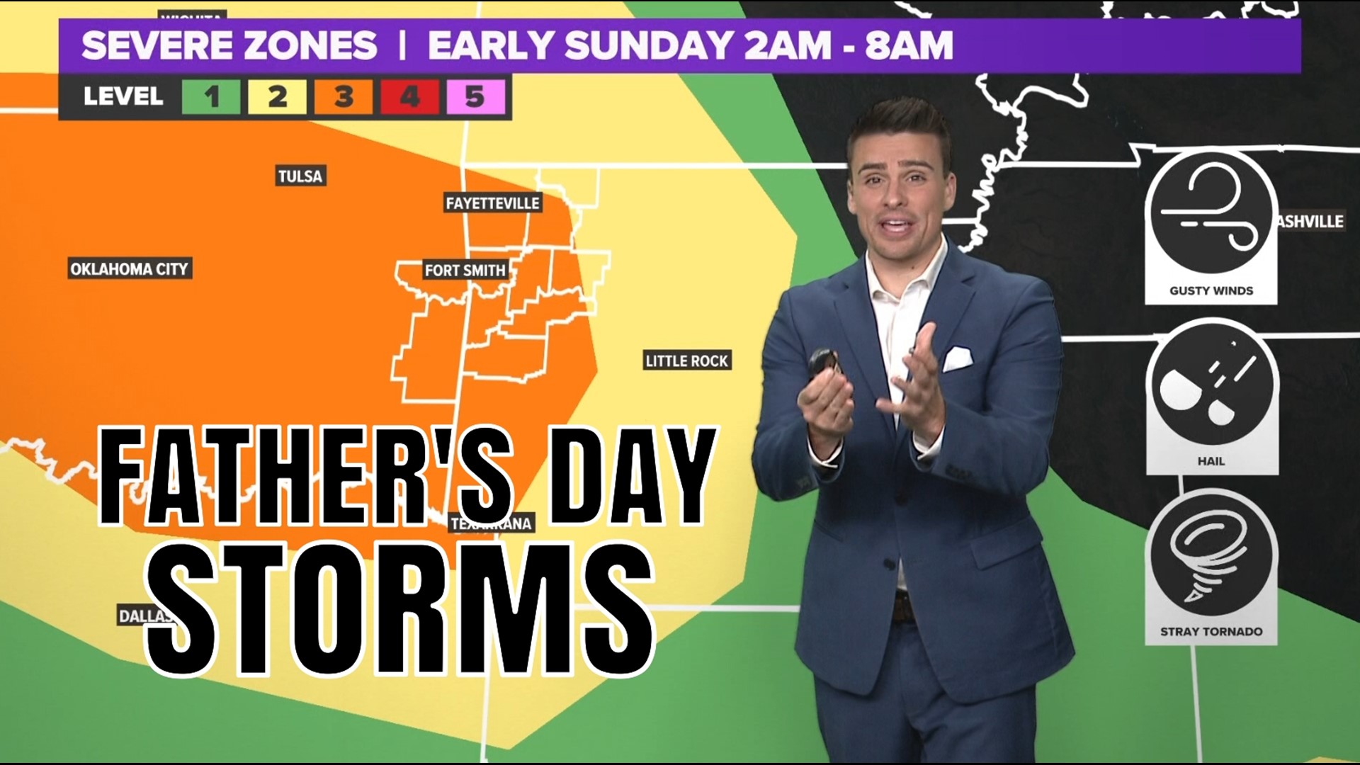 Hail and wind storms will fire up across the Plains Saturday evening, making a run at Arkansas by early Sunday morning (Father's Day).