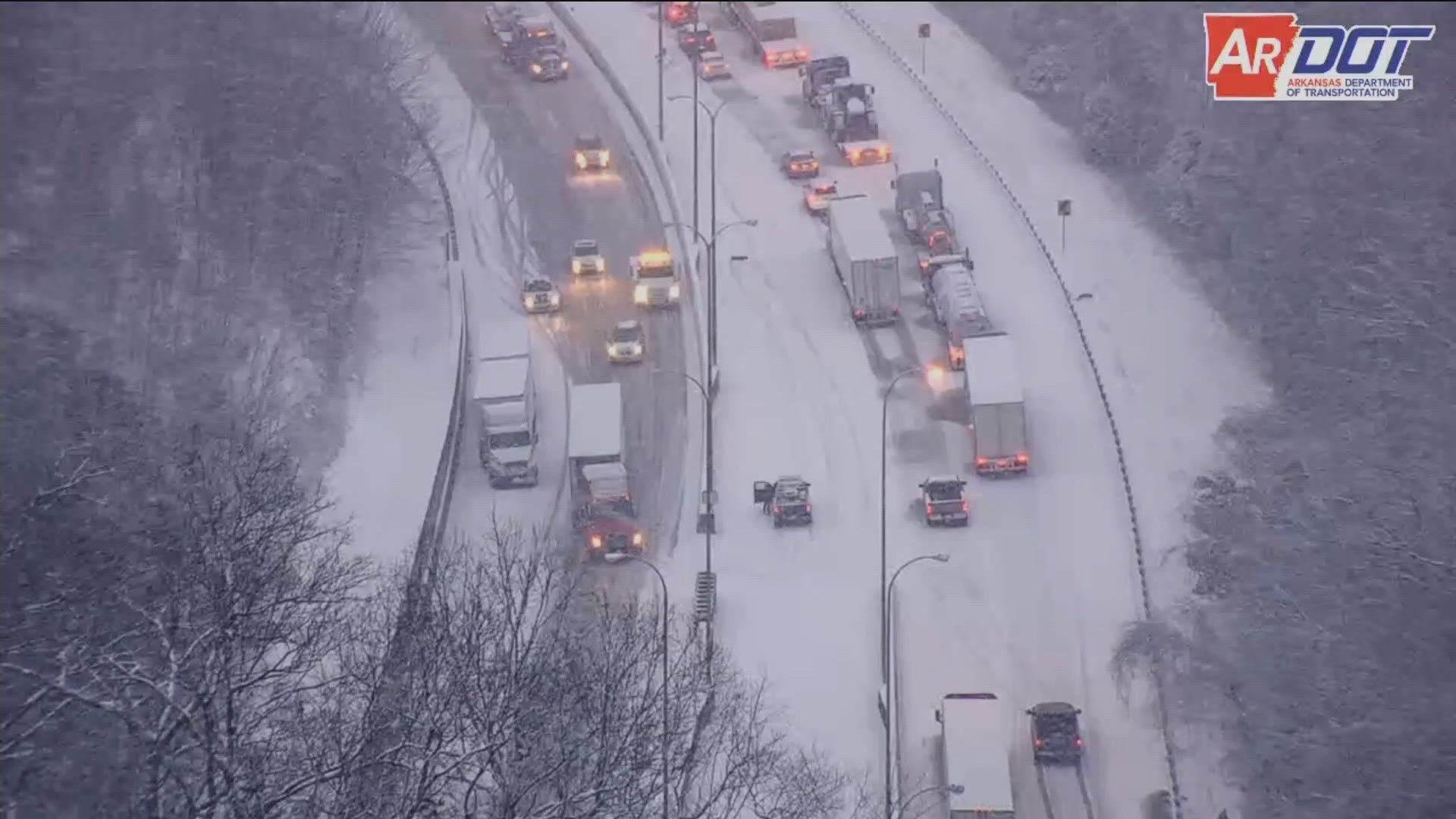 Hundreds stranded near Bobby Hopper Tunnel as snow falls on Jan. 5 in Northwest Arkansas.
