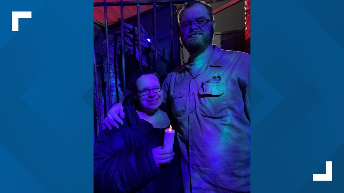 Local couple celebrates baby shower at haunted house.