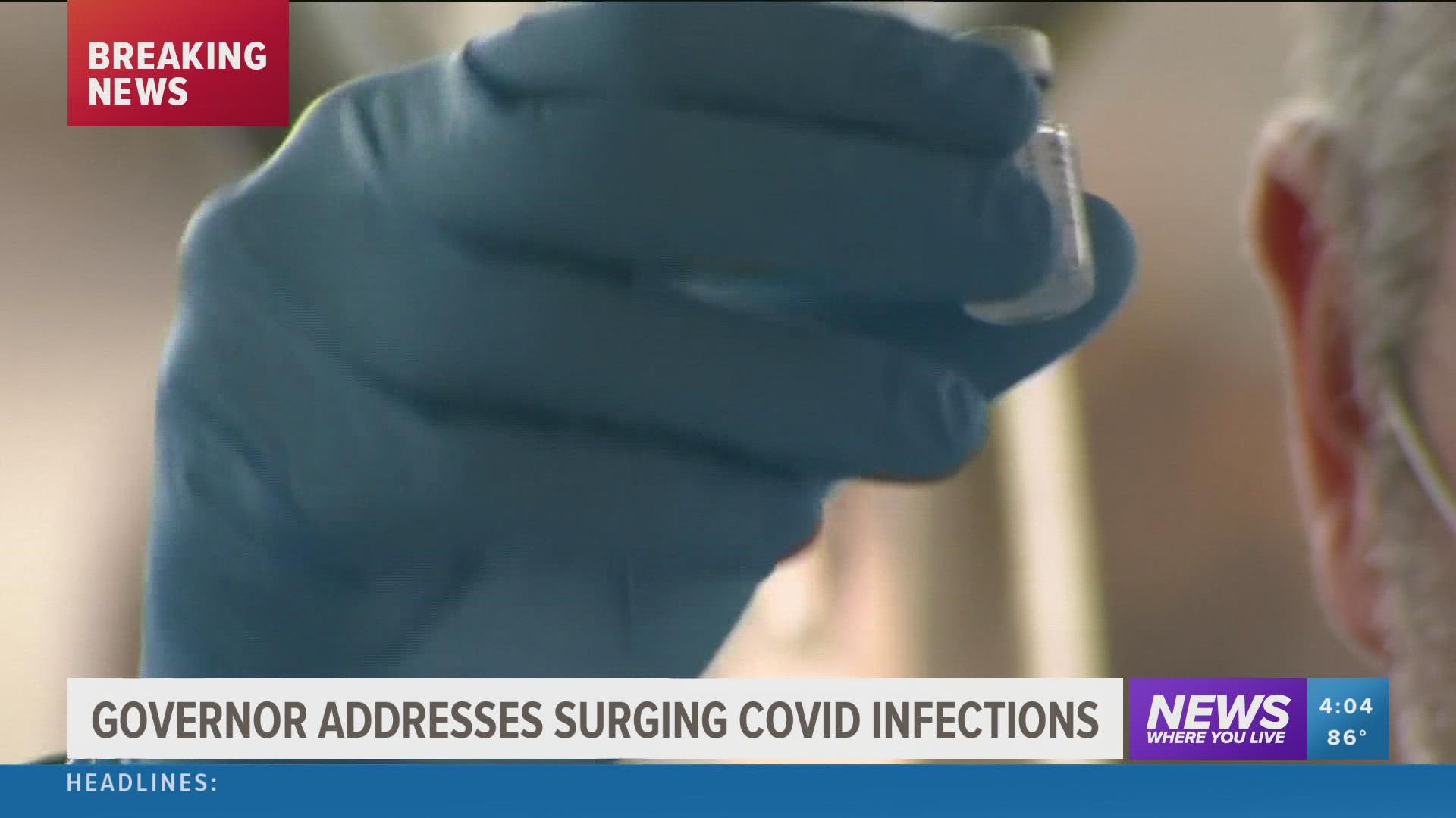 Gov. Asa Hutchinson addressed the surging COVID infections in the state.