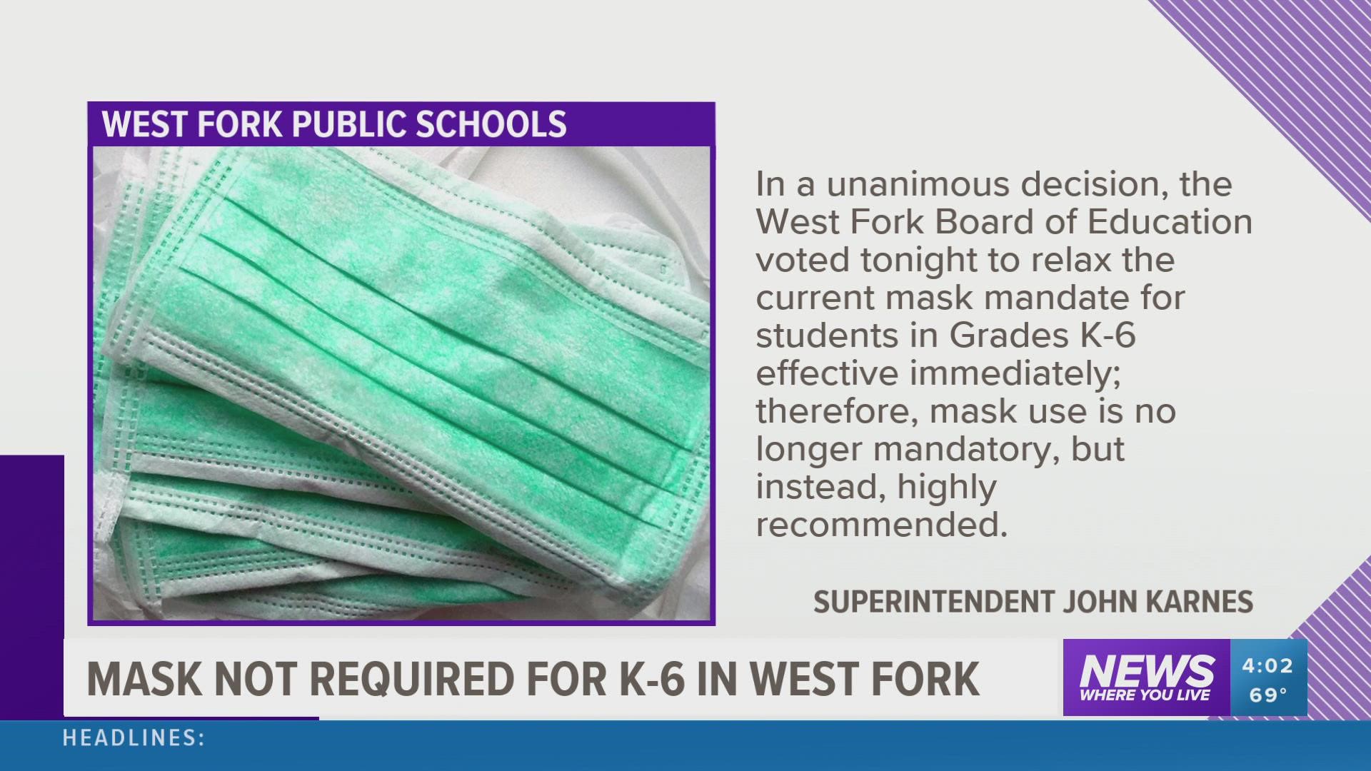 Effective immediately, K-6 grade students will no longer be required to wear face masks on campus.