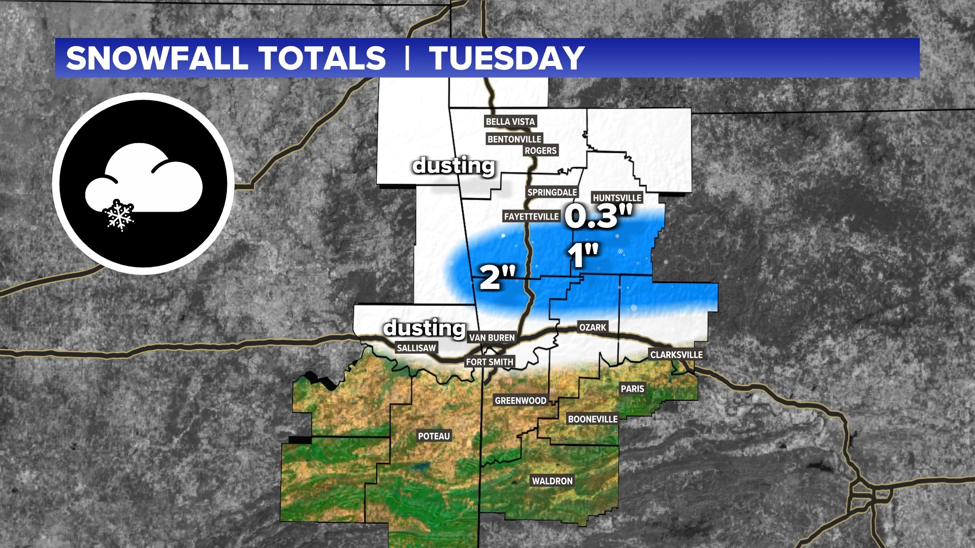 How much snow did Arkansas get Tuesday morning?