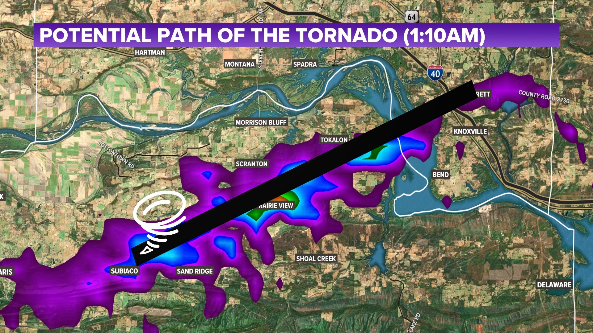 A tornado with a debris ball almost a half-mile wide touched down east of Subiaco and passed by Scranton, Lamar, and Knoxville at around 1:10-1:20 a.m. Sunday.