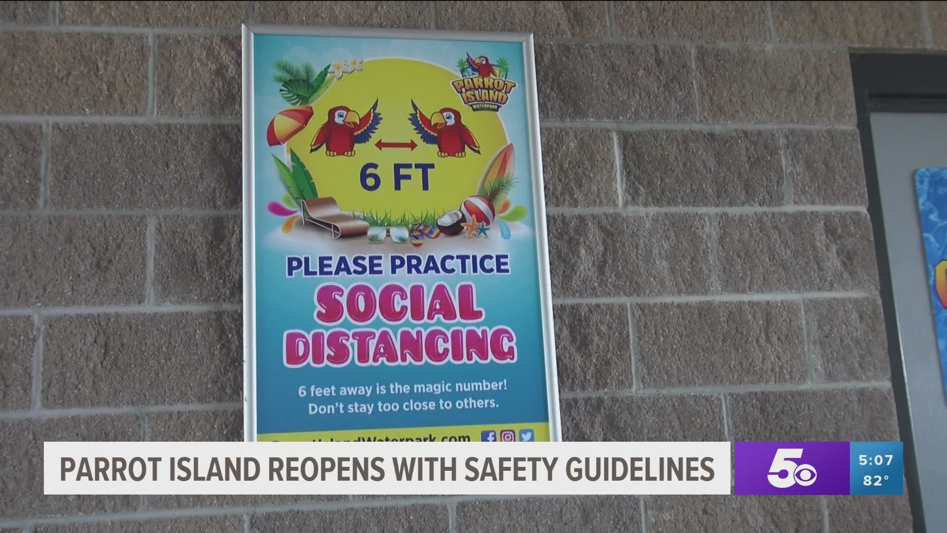 Parrot Island Waterpark reopens with safety guidelines.