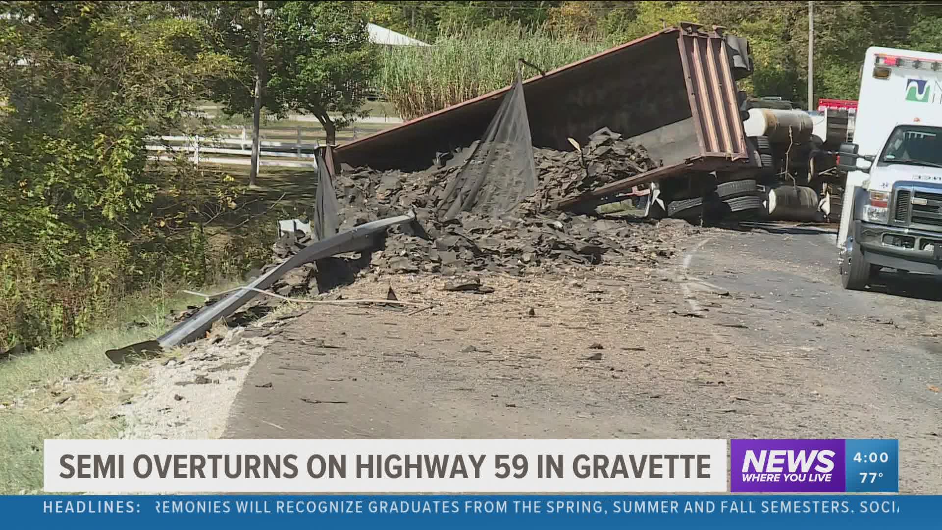 Semi overturns on Highway 59 in Gravette
