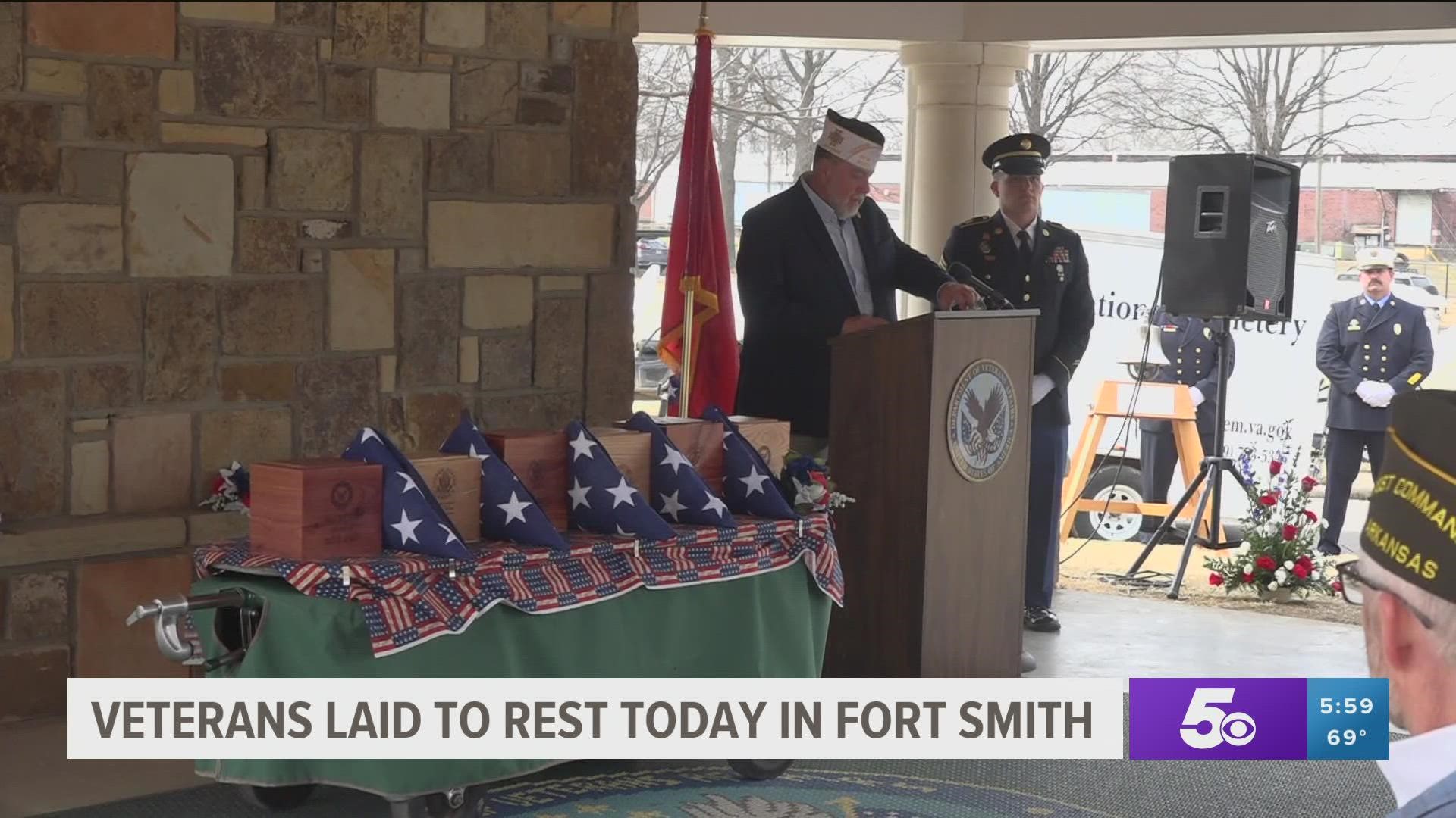 The cremated remains of four veterans and one spouse of a veteran were laid to rest at the Fort Smith National Cemetery Friday, March 4.