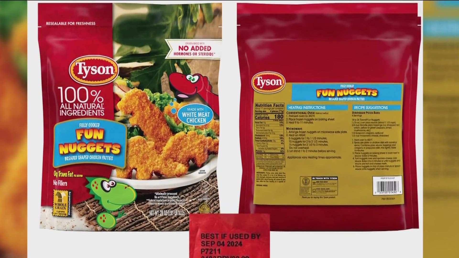 Tyson Foods is recalling nearly 30,000 pounds of breaded chicken ”“Fun Nuggets″ after consumers complained of finding metal pieces in the dinosaur-shaped patties.