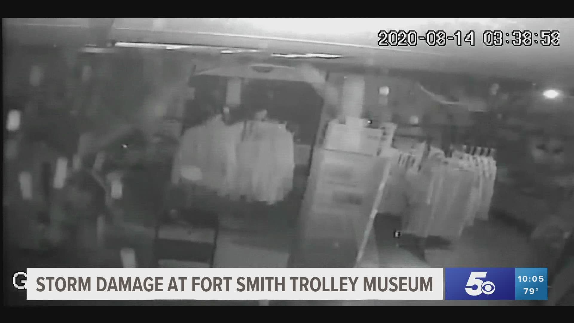Storm damage at Fort Smith Trolley Museum.