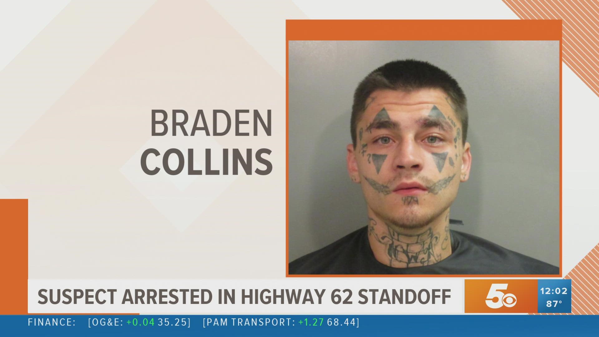 23-year-old Braden Collins was arrested after the incident shut down Hwy. 62 Monday morning.
