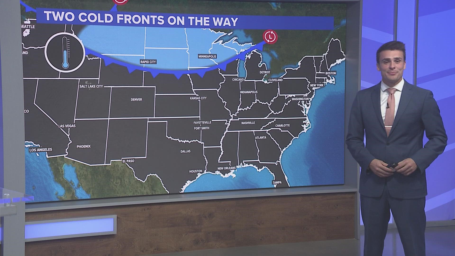 A powerful cold front is marching south, dropping temperatures from 10-30 degrees across the U.S. after record-breaking heat for the end of summer.