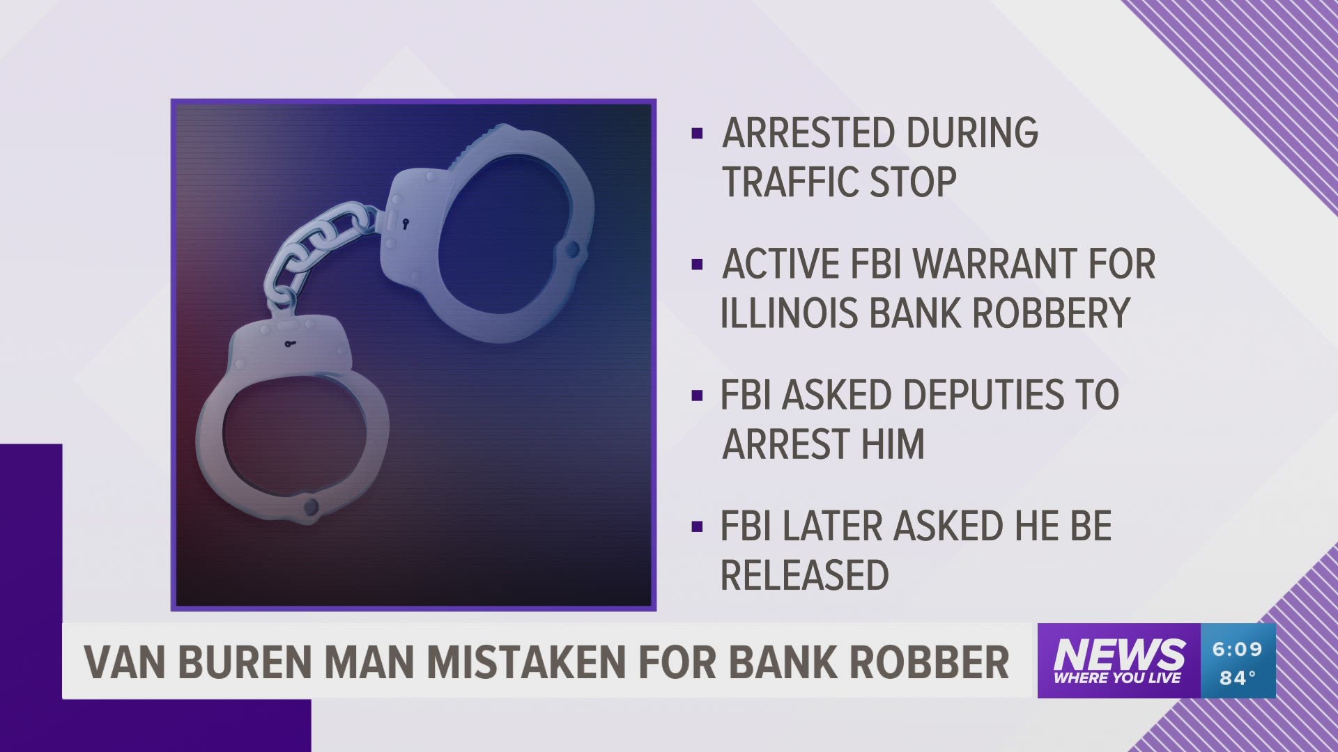 A Van Buren man has been released from custody after being mistakenly identified as an Illinois bank robbery suspect. https://bit.ly/2Gri44V
