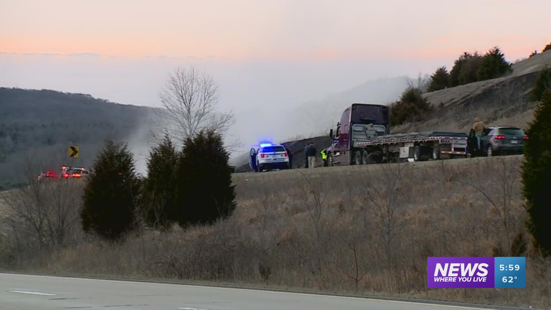 An 18-wheeler caught fire after crashing along 149, backing up the northbound lanes near Winslow.