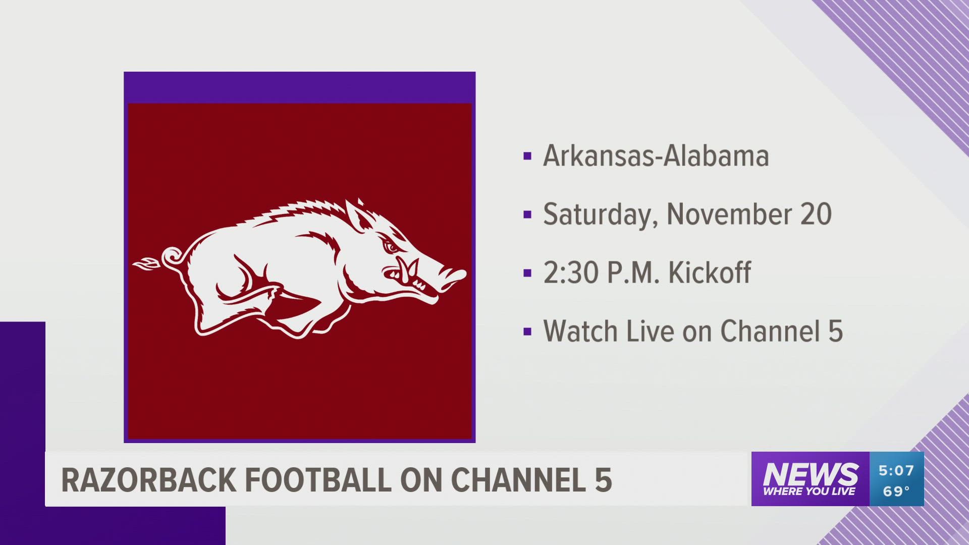 The Razorbacks will take on Alabama on Nov. 20 at 2:30 p.m.