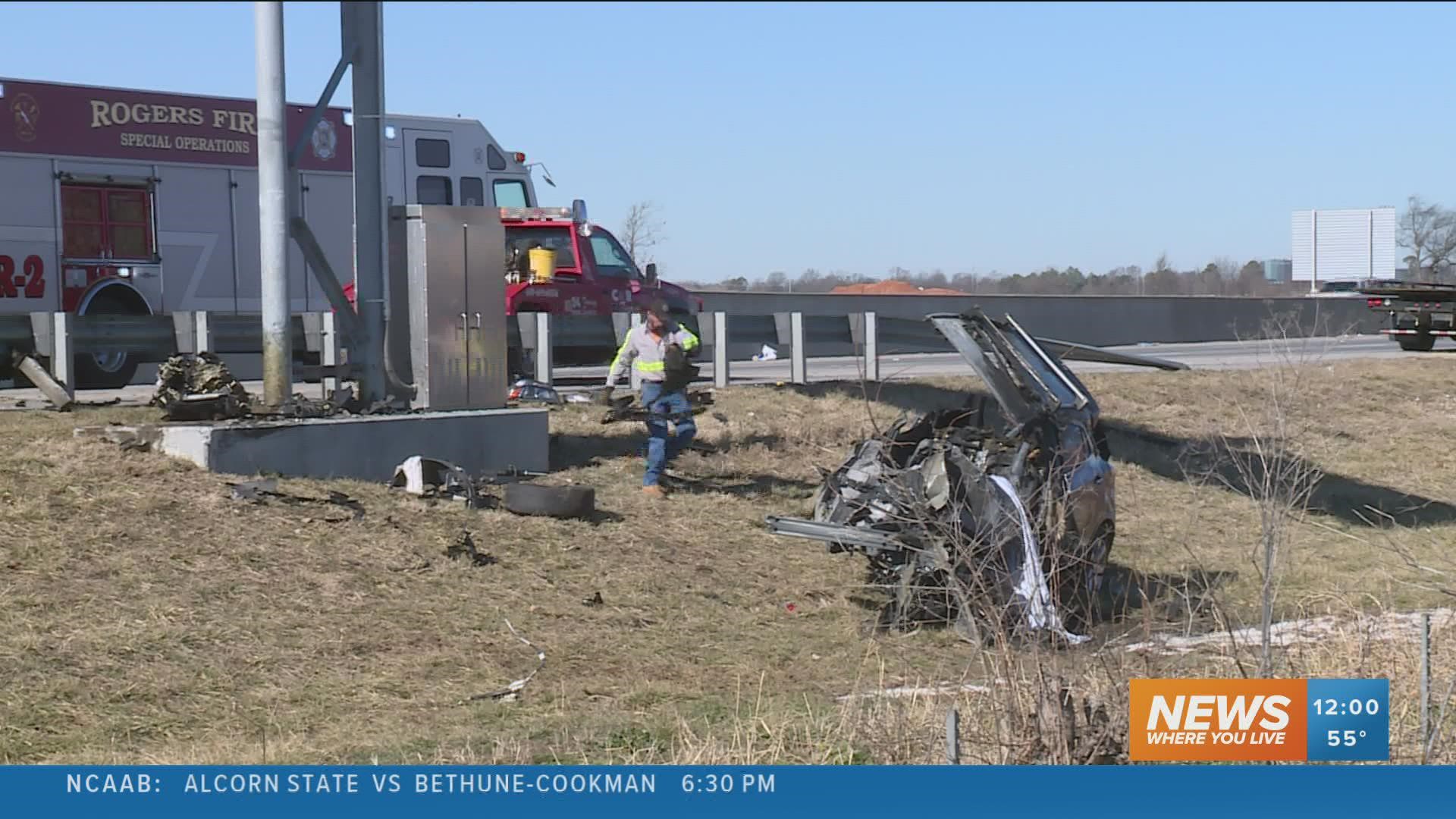 At least one person is dead after a vehicle crashed and caught fire on I-49 in Rogers Monday morning. Further details surrounding the crash have not been released.
