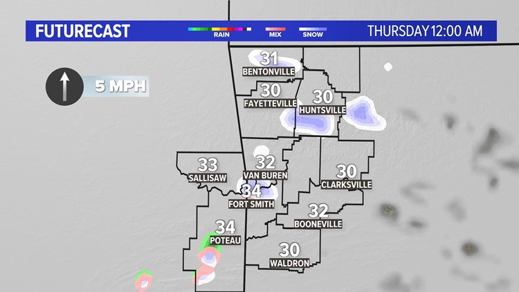 Stray flurry possible tonight across Oklahoma and Arkansas