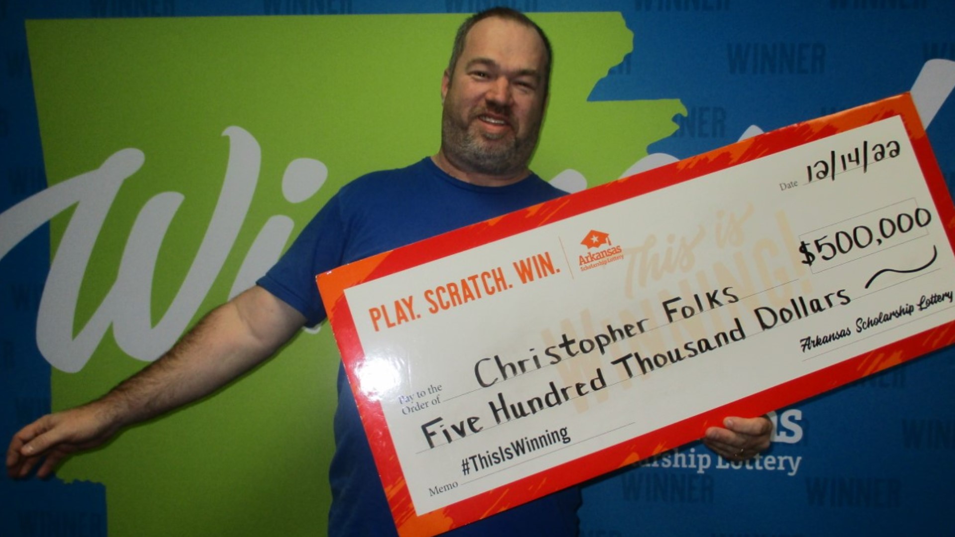 The Fort Smith father of two couldn't believe he had won the $500,000 jackpot until he claimed his prize
