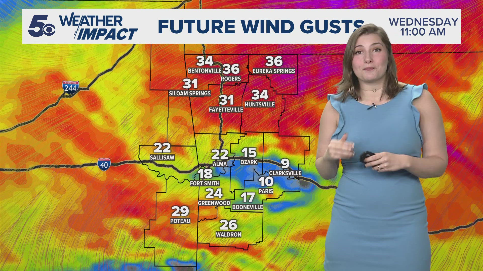 A cold front is dropping across Northwest Arkansas and the River Valley today, bringing gusty winds into the area. Cool air is quick to drop temperatures Thursday.