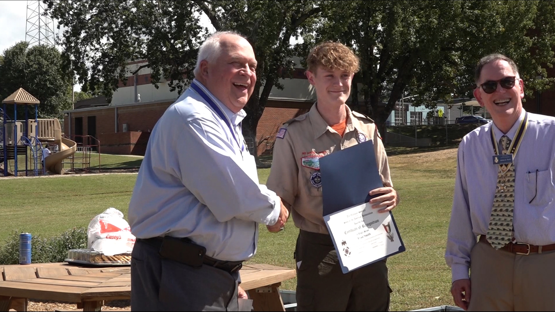 Evan Smith, an Eagle Scout and Southside High School senior, was recognized for building the Ballman Elementary outdoor classroom in honor of Mrs. Kim Friery.