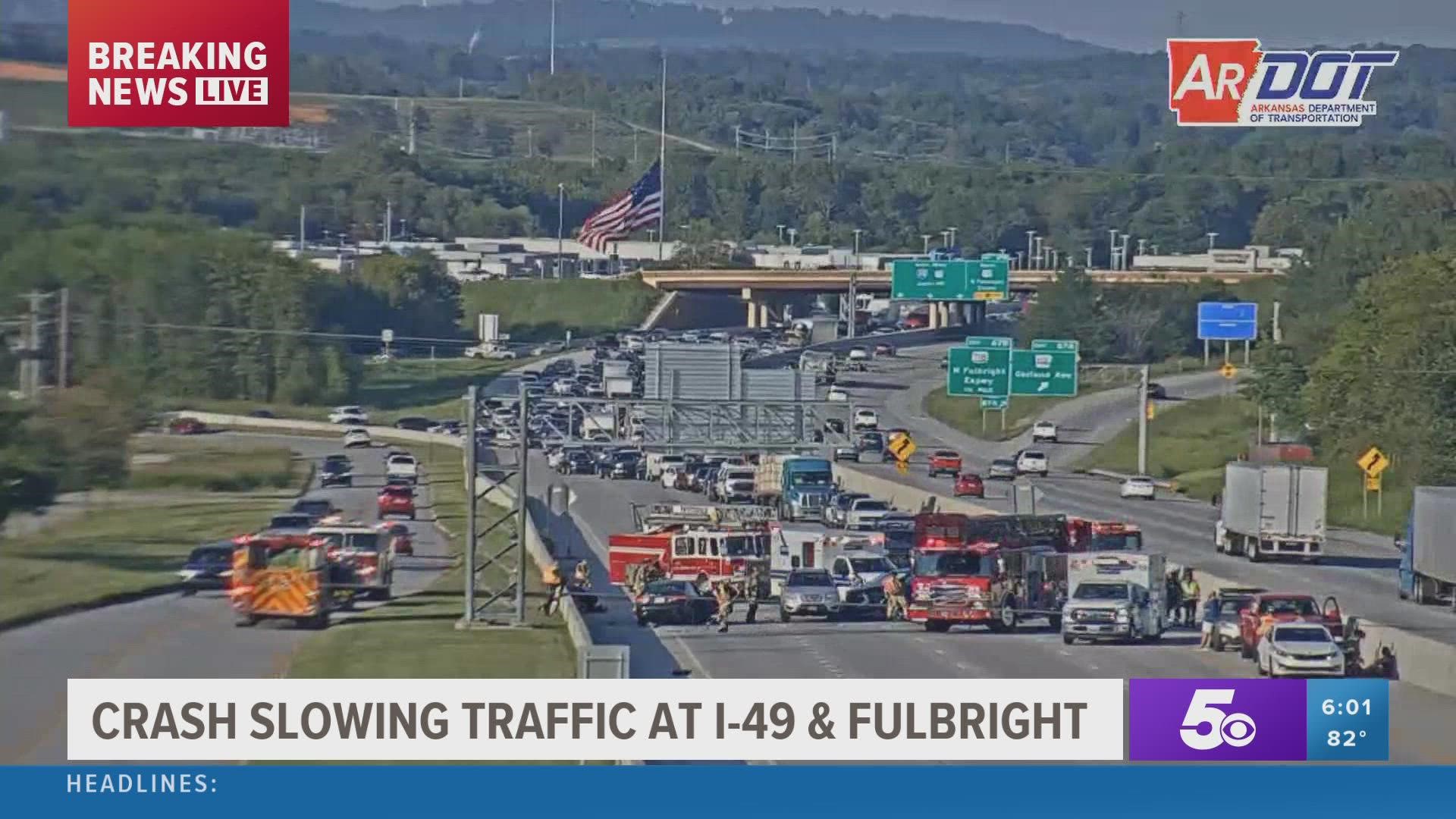 Four to five vehicles crashed in the southbound lanes just after the Garland Ave. Exit on I-49 in Fayetteville.