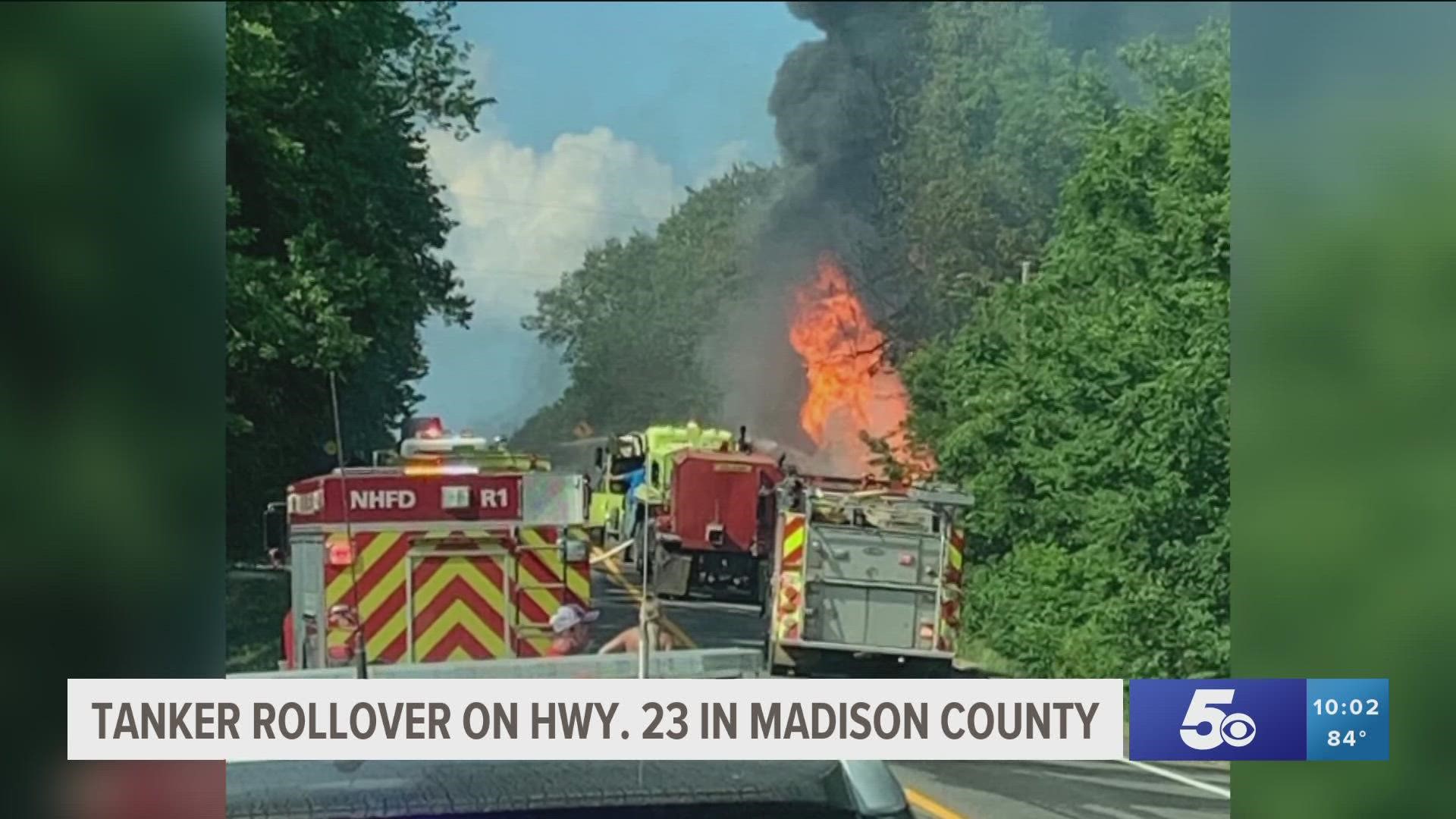 A tanker truck is fully engulfed along Highway 23 North near the Madison County line.