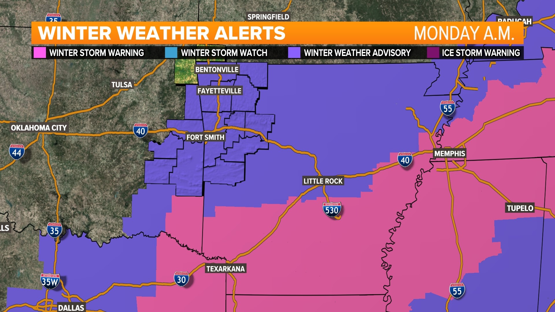 How much snow will fall in Arkansas this Sunday?