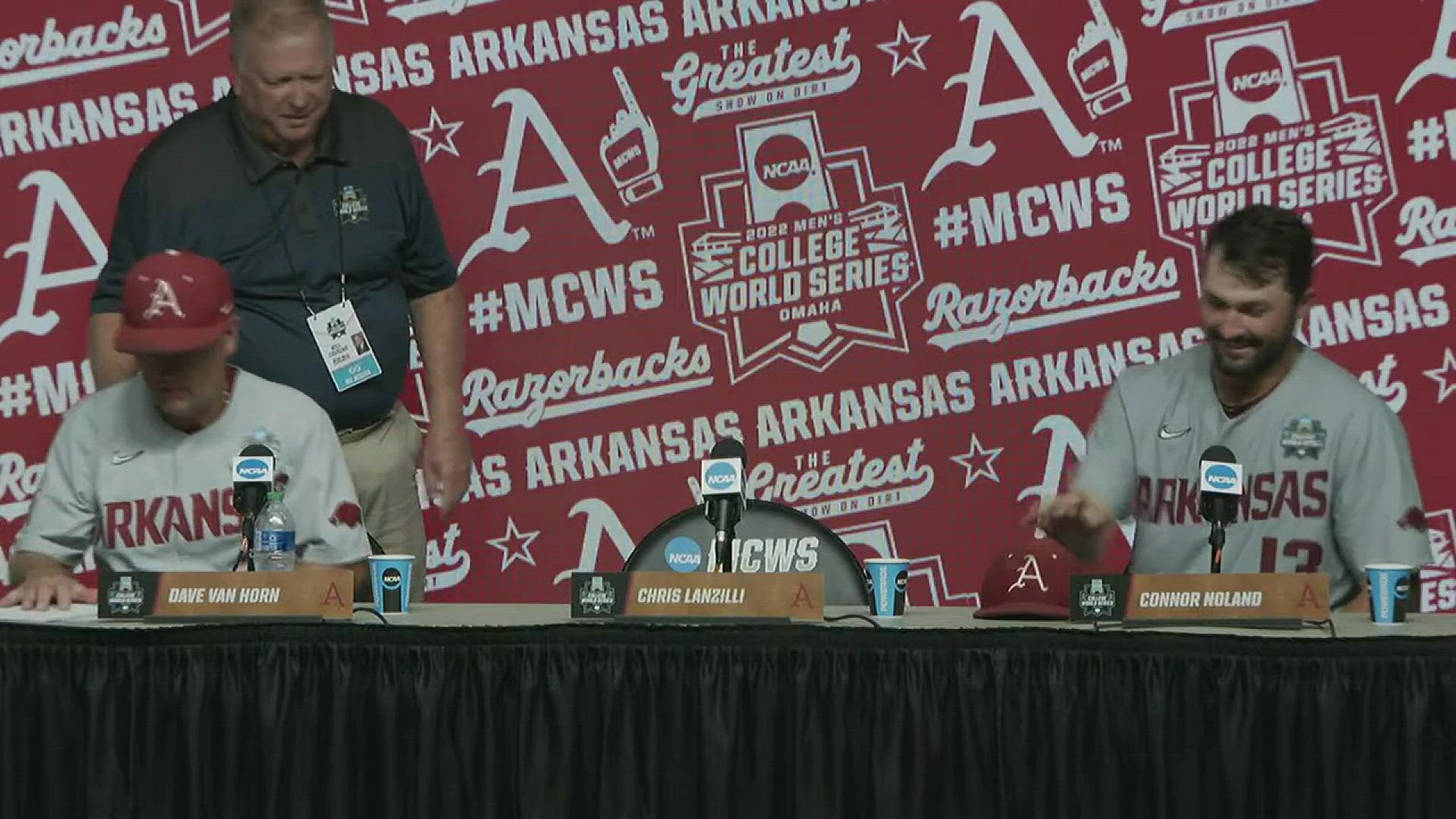 Press conference with members of the Arkansas baseball team after the Hogs started off with an emphatic win in Omaha.