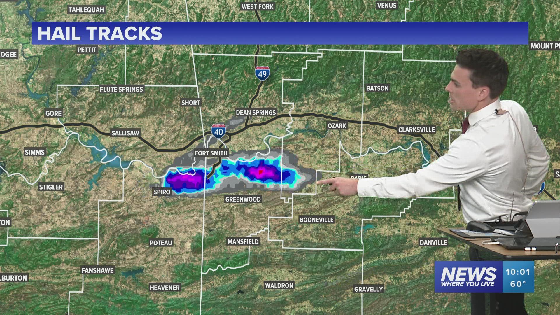 Supercell thunderstorms spun up quick tornadoes and dropped large hail 2-3 inches wide throughout the Arkansas River Valley.