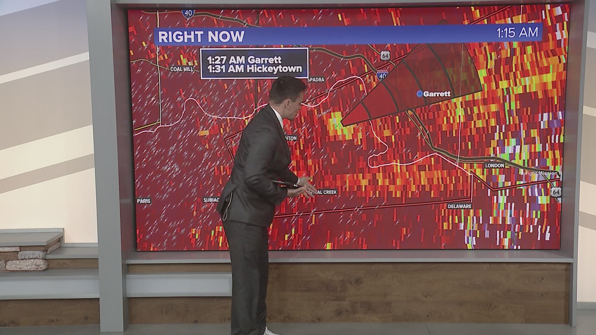 The 5NEWS Weather team tracked a debris-ball of a tornado touchdown in Logan and Johnson counties early Sunday morning.