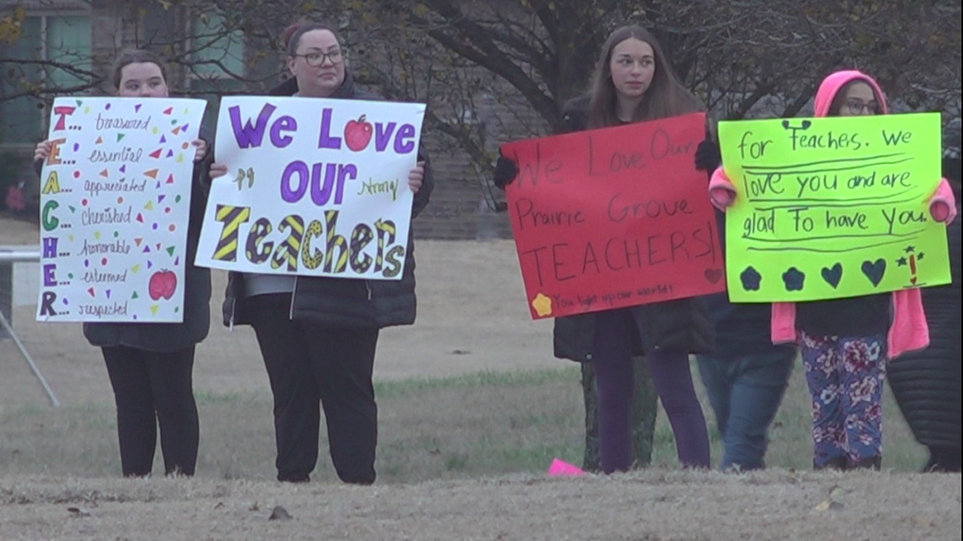 Parents gathered outside Prairie Grove Middle School on Monday, after outrage was sparked when the district showed staff a fake school shooting memorial video.