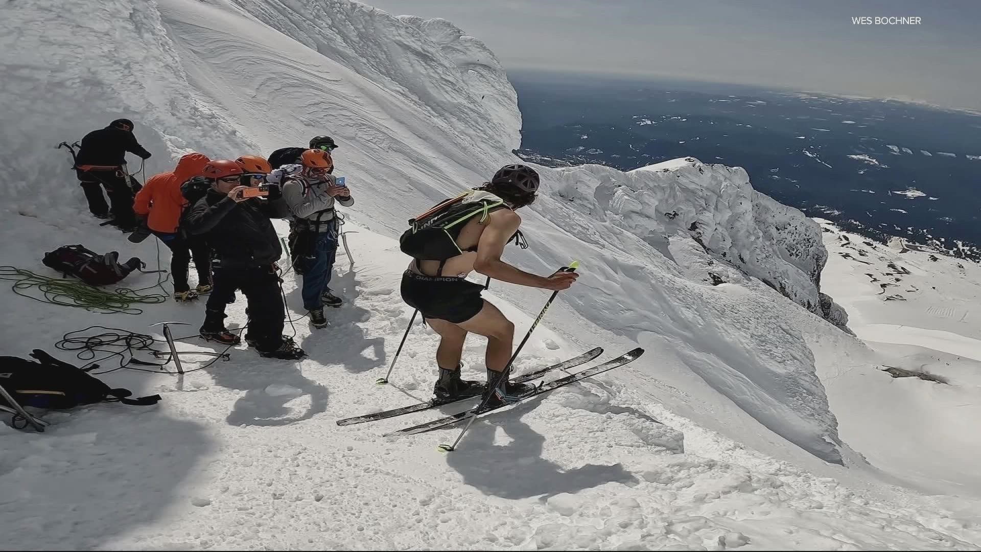 Jack Kuenzle started in the parking lot of Timberline Lodge, climbing 5,200 feet to the summit, then skied down. His total round trip? One hour, 30 minutes.