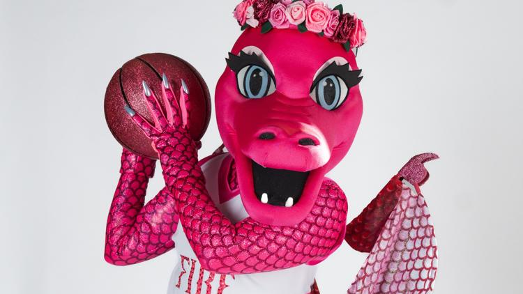 Rose the glitter breathing dragon mascot at Portland Fire game
