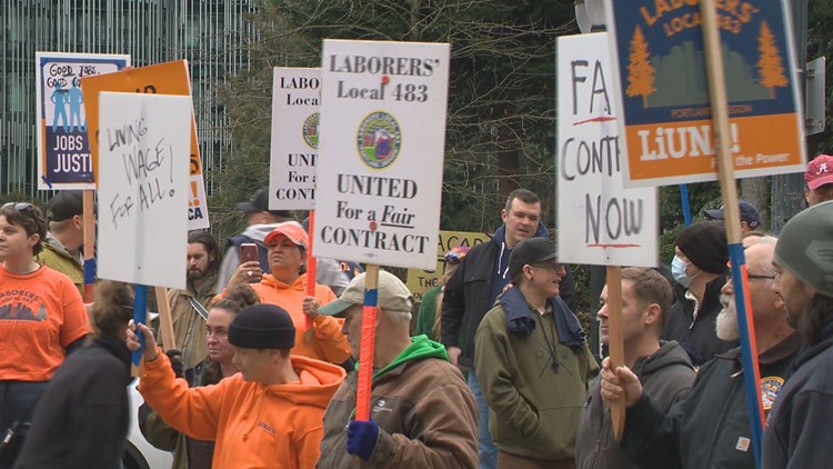 Portland city laborers rally outside Portland City Hall ahead of planned strike