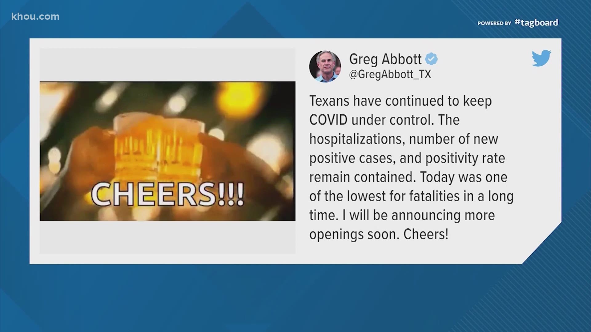 On Monday, Abbott said he’ll announce more openings soon and posted a photo of two beer glasses.