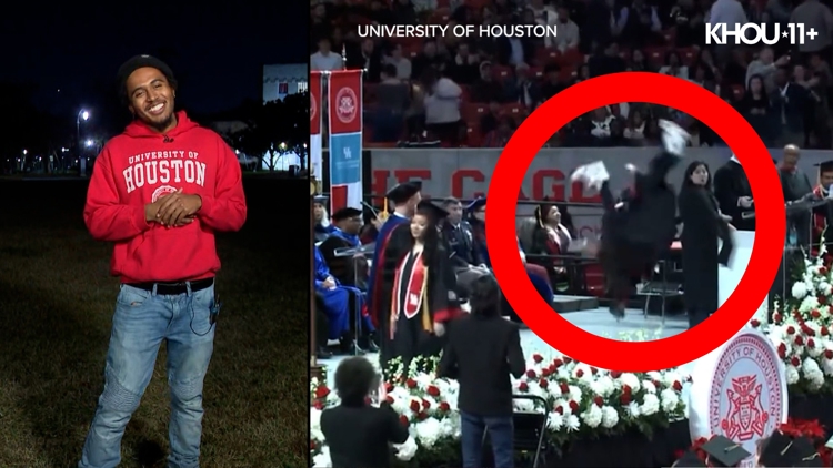 UH grad takes dramatic tumble on stage, becomes viral hit