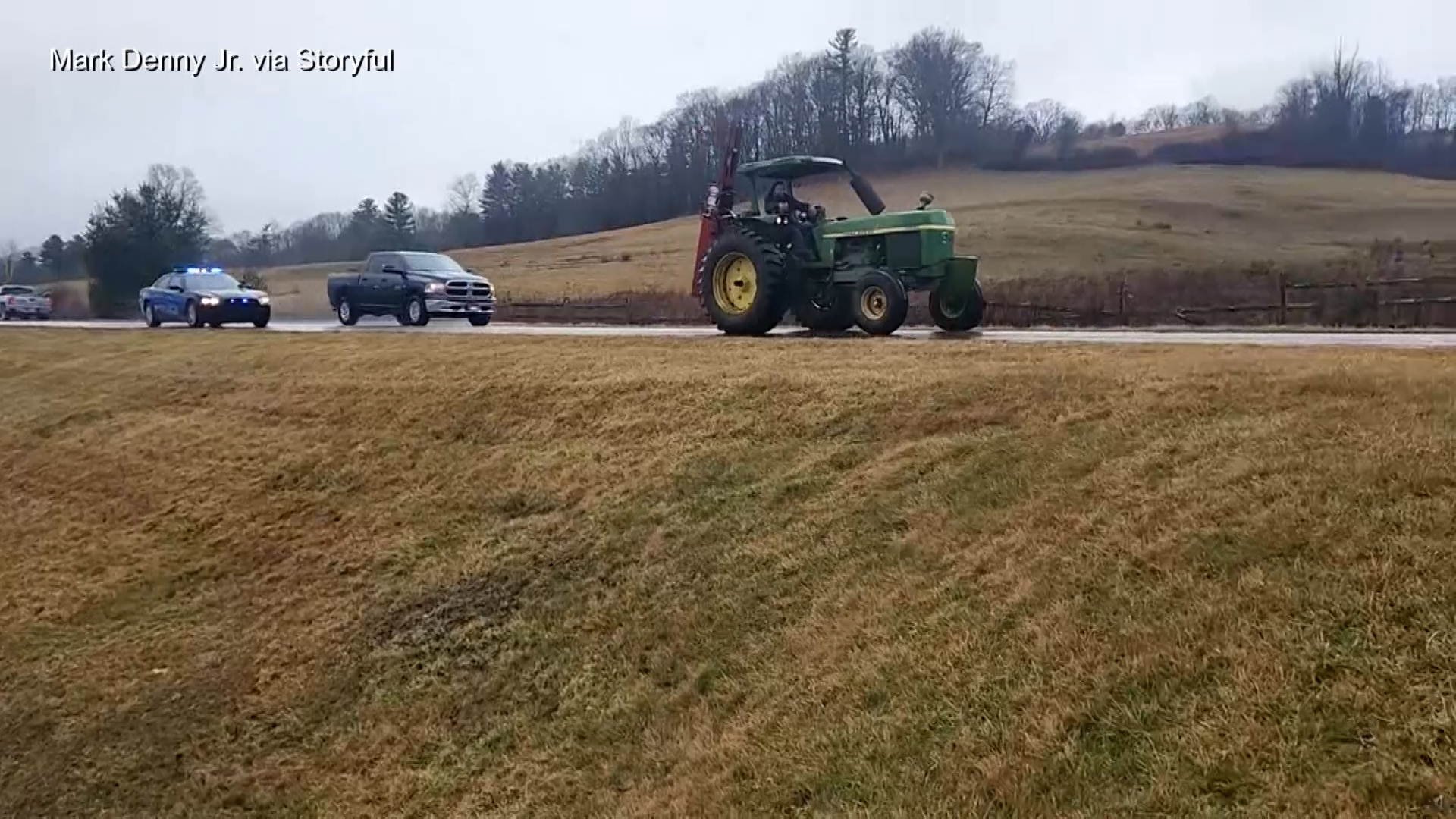 Video: Bizarre slow-speed police chase as man drove stolen tractor, police say
