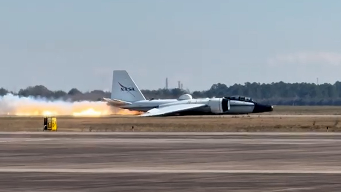 A NASA plane makes a crash landing at Ellington Field in Houston on Tuesday, Jan. 27, 2026.