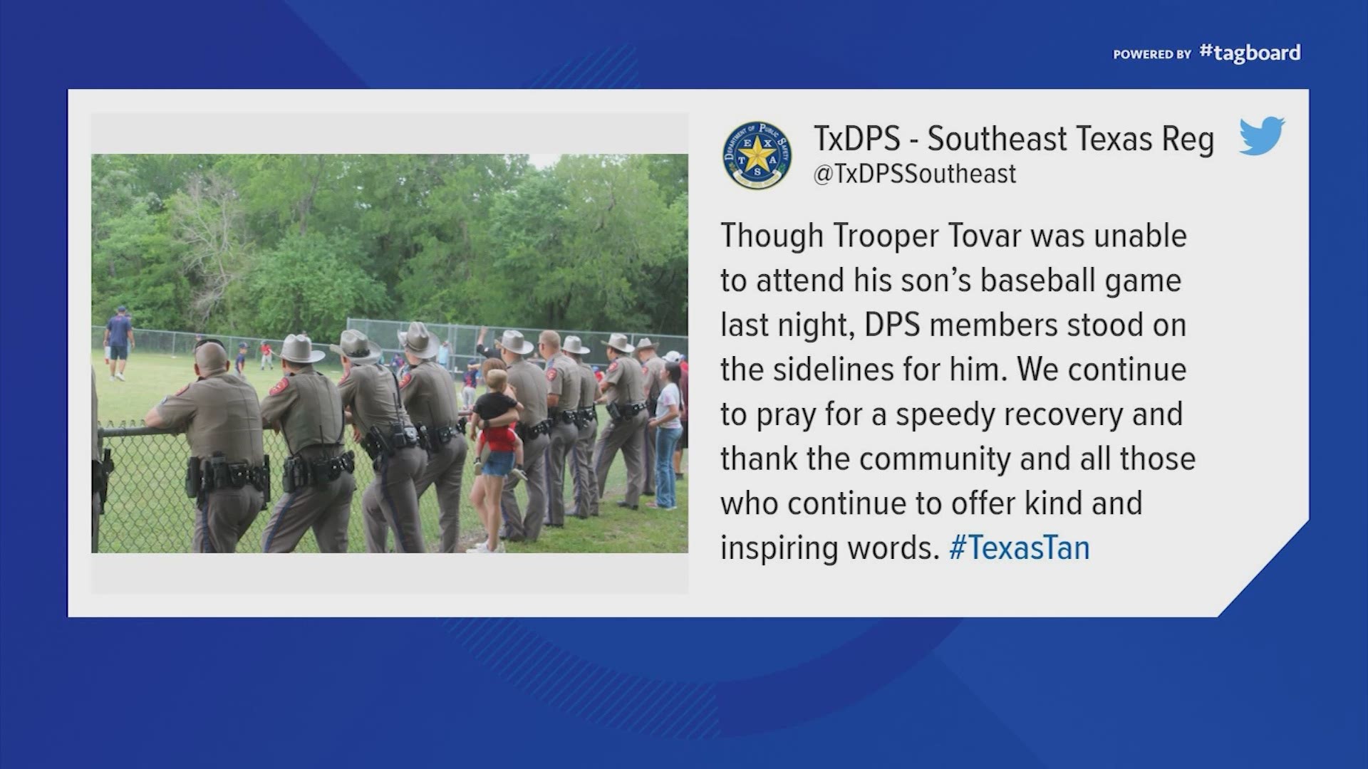 Since Trooper Tovar couldn’t go to his young son’s baseball game Tuesday night, fellow troopers turned out in force to cheer on the team.