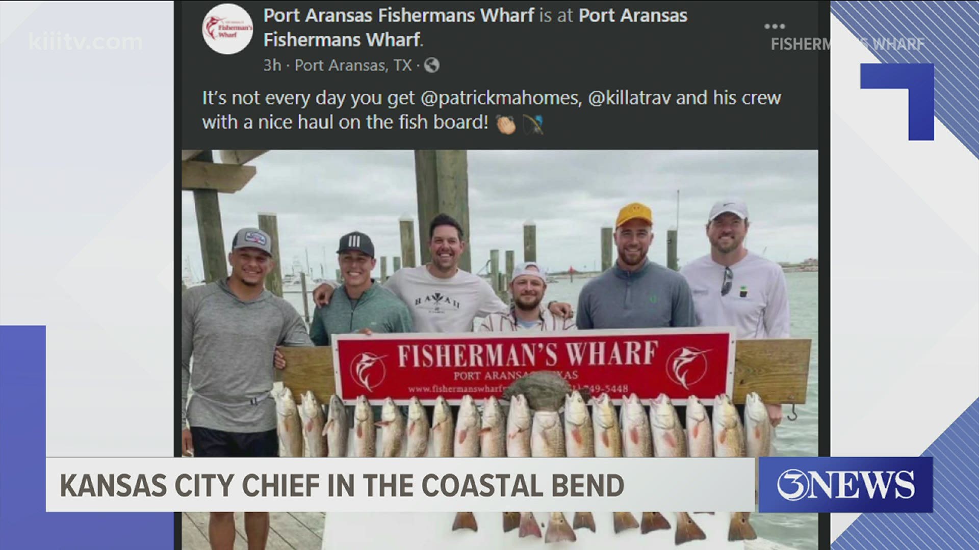 A photo shared by Port Aransas Fishermans Warf shows the football players posing with red drum fish.