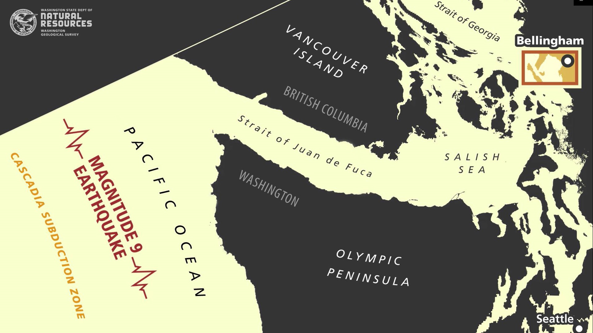 A simulation for Bellingham, Washington, shows the path of a tsunami from a hypothetical magnitude 9.0 earthquake scenario on the Cascadia subduction zone.