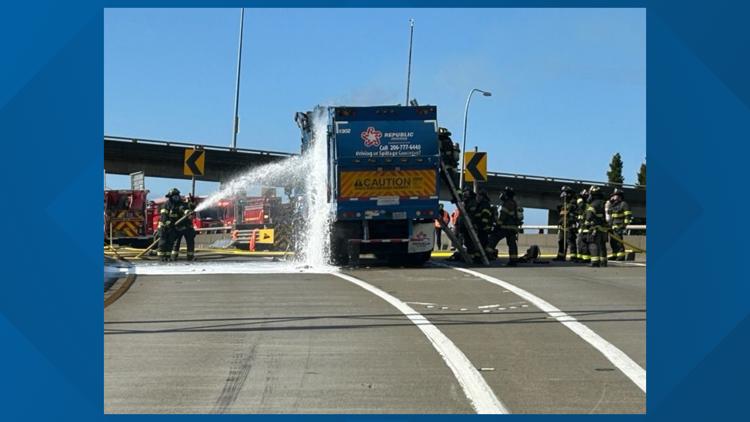 Hot mess: garbage truck catches fire, blocks I-5 ramp to West Seattle