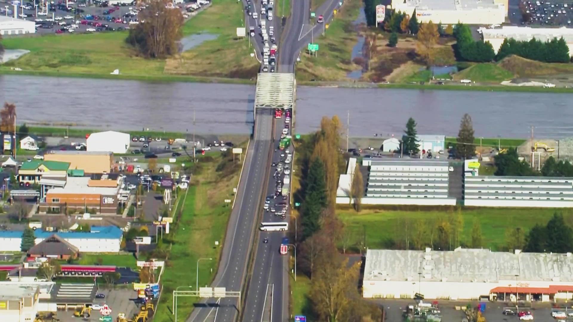 A serious injury crash blocked northbound and southbound I-5 on the Skagit River Bridge in Mount Vernon on Nov. 16, 2021