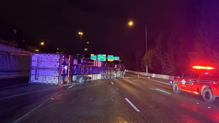 Semi-truck rollover blocks westbound I-90 near I-5 in Seattle