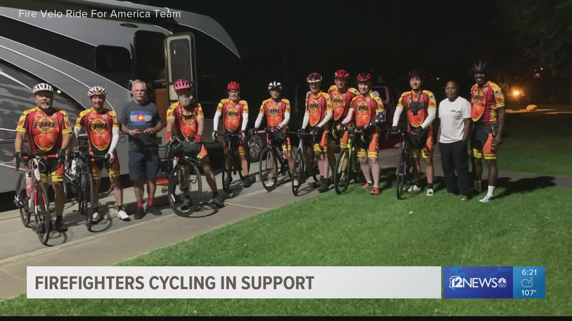 The group is fundraising for firefighter cancer awareness, firefighter mental health and severely wounded veterans as they bike 3,100 miles.
