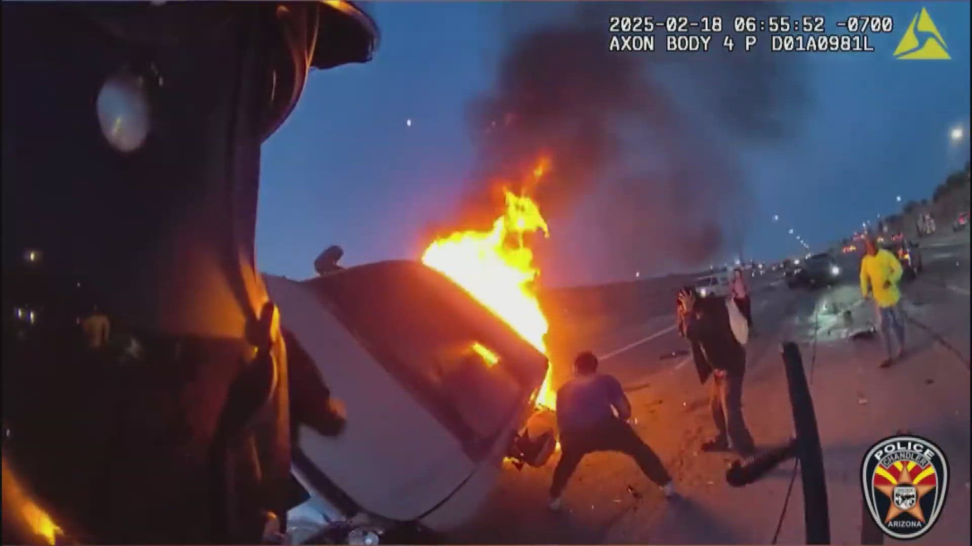Officer, firefighter rescue driver after fiery crash in Arizona | wthr.com