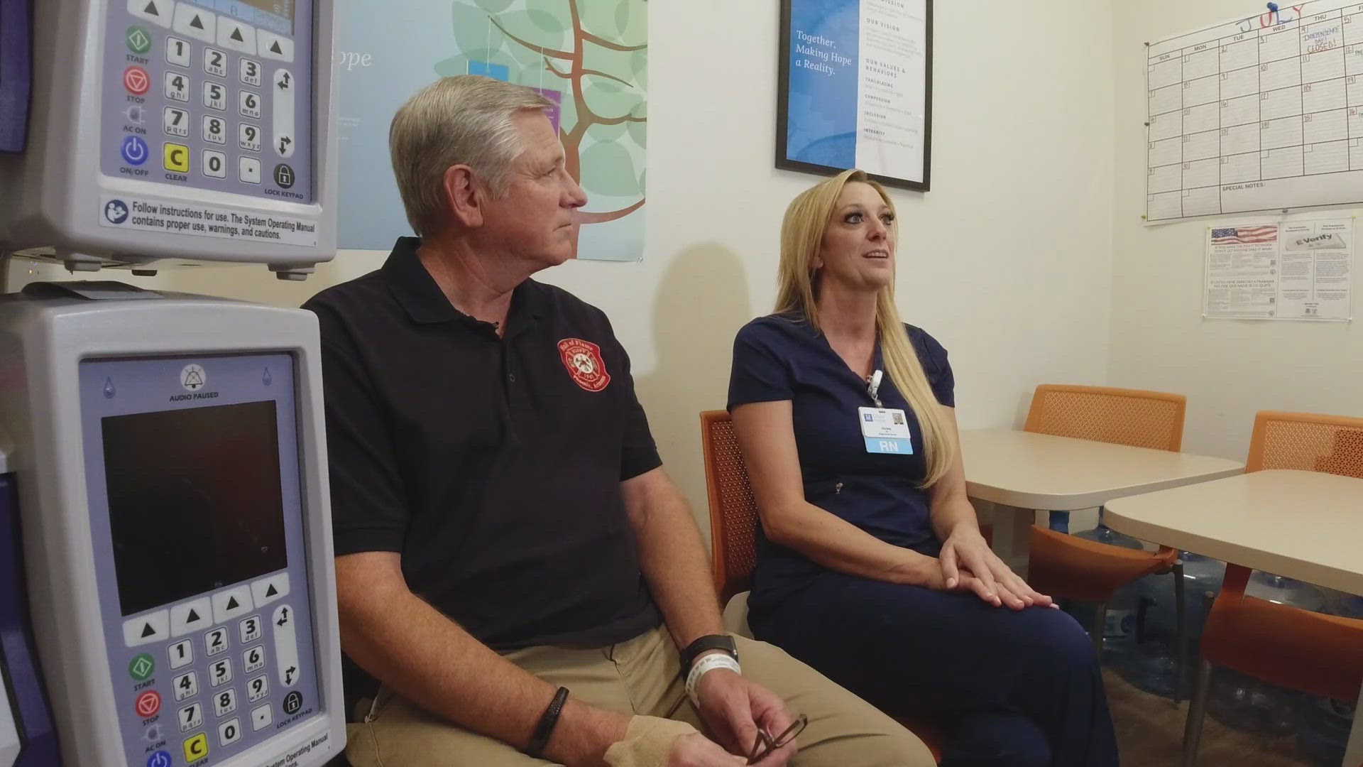 While getting treatment to save his life, retired Glendale Fire Captain Chuck Montgomery reconnected with a former patient he helped save.