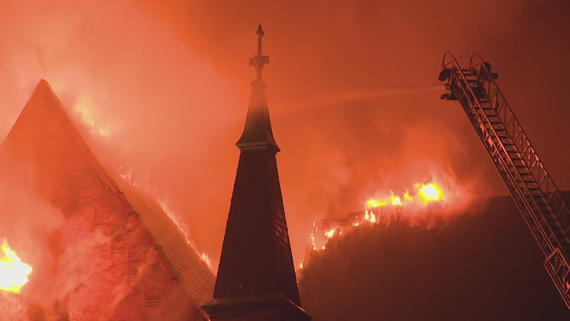 A three-alarm fire engulfed a historic vacant church Monday night in St. Louis. The building is designated as a St. Louis City landmark.