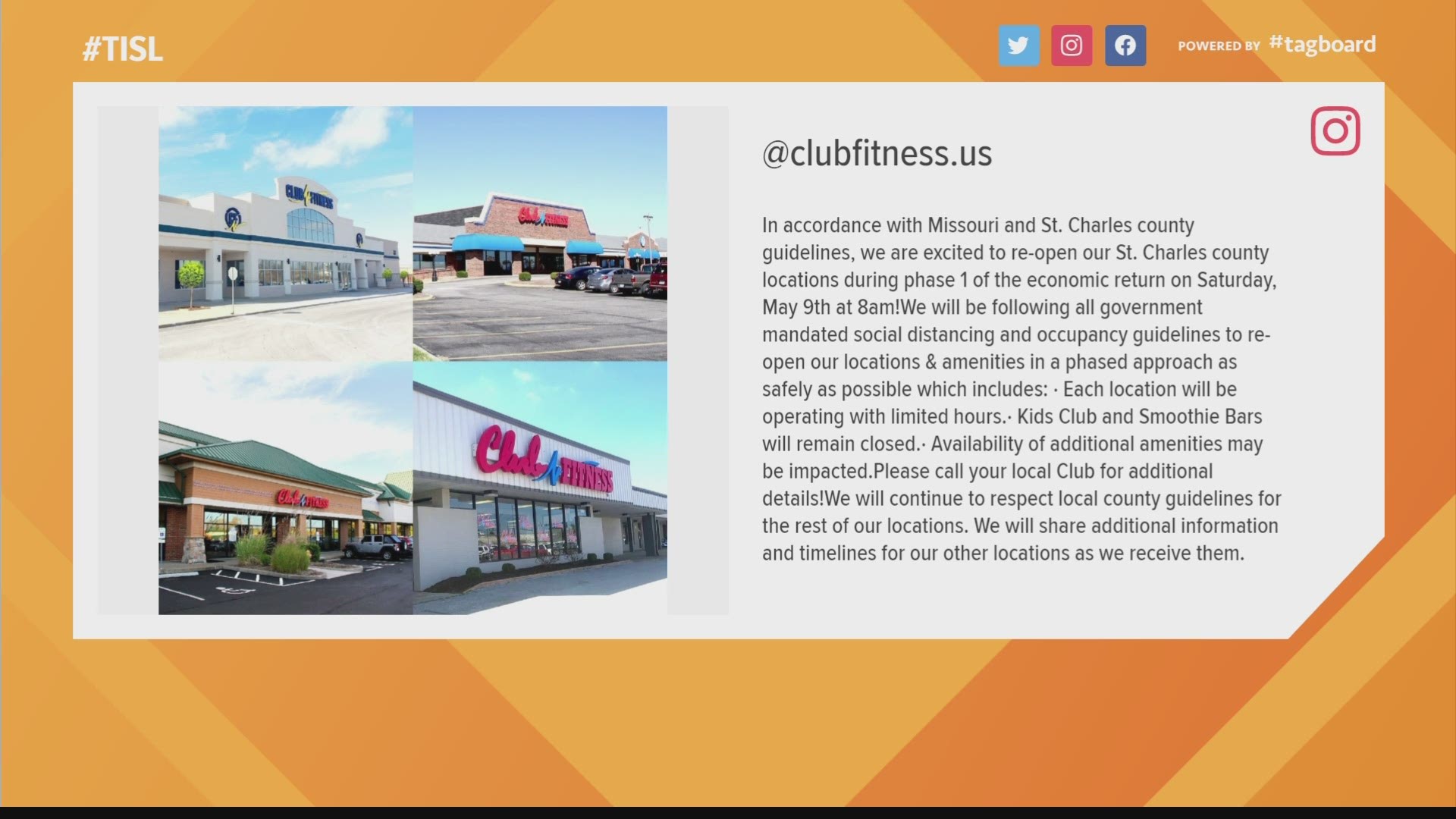 Club Fitness posted on its Instagram that it'll reopen in May